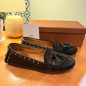 Coach Norfold Black Leather Moc Toe Tassels Gold Stud Slip-On Loafer Women's 8.5